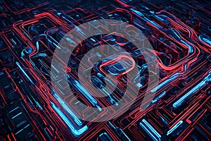 Abstract technology background with blue and red lines creating a high-end tech design. Sleek, modern lines intersecting to form a photo
