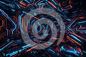 Abstract technology background with blue and red lines creating a high-end tech design. Sleek, modern lines intersecting to form a photo