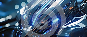 Abstract technology background in blue tones. Close-up sci-fi robot element. Horizontal blurred backdrop, sci-fi template,