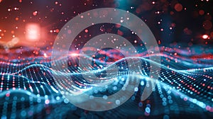 Abstract technology background with blue wavy grid and shiny dot lights