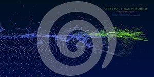 Abstract technology background with chaotic grid and wavy flow. Analytics data algorithms. Computing concept. Banner for business