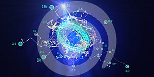 Abstract technology background with chaotic  lines connecting dots of torus with blurred lines.  Analytics algorithms data.