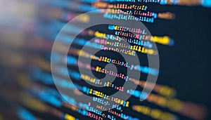 Abstract Technology Background. Code On Computer Screen. Software, Development. Colorful Code Lines.