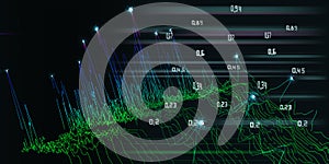 Abstract technology background with color and blurred  lines and data. Analytics data algorithms.  Big Data. Computing concept.