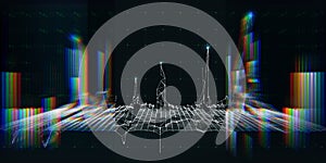 Abstract technology background with color lines and grid on dark. Visual presentation of analytics digital algorithms. Computing