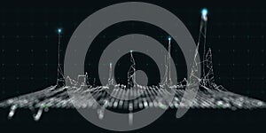 Abstract technology background with color lines and grid on dark. Visual presentation of analytics digital algorithms. Computing