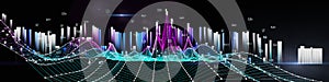 Abstract technology background with color wireframe and data on dark. Visual presentation of analytics digital algorithms.  Big