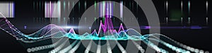 Abstract technology background with color wireframe defocus and data on dark. Visual presentation of analytics digital algorithms