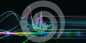 Abstract technology background with color wireframe graph on black. Visual presentation of analytics lines algorithms.  Computing