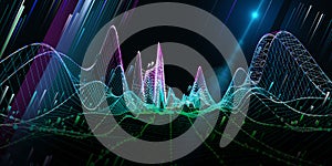 Abstract technology background with color wireframe graph pn black. Visual presentation of analytics lines algorithms. Big Data.
