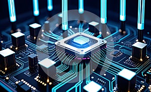 Abstract technology background of a data computing system with connected particles, Artificial neurons, global data connections