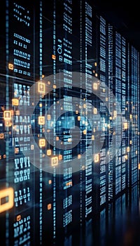 Abstract Technology Background, Digital Binary Code, Data Flow Visualization in Virtual Space