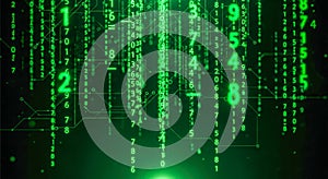 Abstract technology background with falling green numbers and binary code for concept of big data, matrix, hacking, or computer