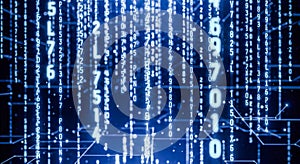 Abstract technology background with falling numbers and binary code for concept of big data, matrix, hacking, or computer science