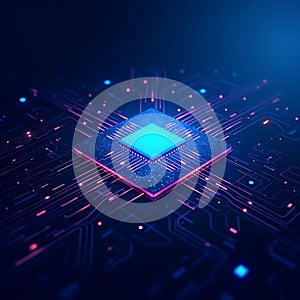 Abstract Technology Background Featuring a Blue Microchip Processor and Futuristic Glowing Cloud Computing System