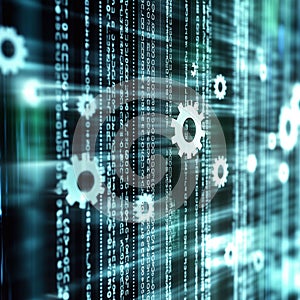 Abstract technology background with floating binary code and gear icons, symbolizing programming, automation, and digital