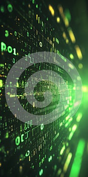 Abstract Technology Background. Flow of Binary Code. Big Data Concept, Cyberspace Green Coding.