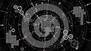 Abstract Technology Background with Gears and Concentric Circles in Black and White