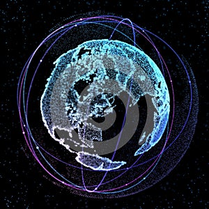 Abstract technology background with global communication orbits and high detailed globe. 3d illustration.
