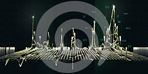 Abstract technology background with glow grid and data on dark. Visual presentation of analytics digital algorithms. Computing