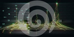 Abstract technology background with glow wireframe and data on dark. Visual presentation of analytics digital algorithms.