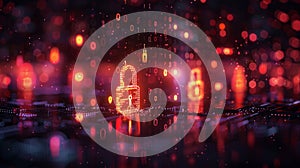 Abstract technology background with glowing padlocks and digital binary code. Conceptual image of data security and cyber