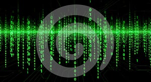Abstract technology background with green binary code stream for concept of big data, matrix, hacking, or computer science