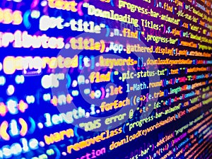 Abstract IT technology background. Internet concept, javascript code. Coding cyberspace concept. Template of website, selective