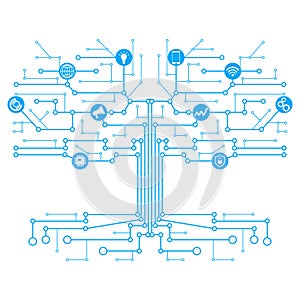 Abstract technology background with lines, circles and icons. Circuit tree on green background. Tree growth diagram