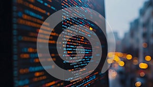 Abstract Technology Background, Lines of Colorful Programming Code on Screen, Selective Focus