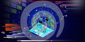 Abstract technology background with  lines connecting dots of poly cube and blurred lines. Analytics algorithms data. Big data.
