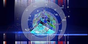 Abstract technology background with  lines connecting dots of poly cube and blurred lines. Big data. Analytics algorithms data.
