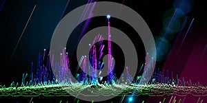 Abstract technology background with noisy algorithm, blurred lines on black. Analytics data algorithms. Computing concept.  Banner