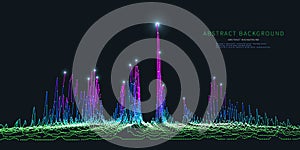 Abstract technology background with noisy algorithm color lines on dark. Analytics data audio algorithms. Computing concept. Big