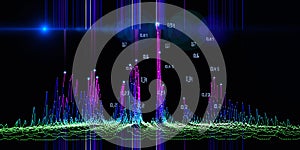 Abstract technology background with noisy algorithm color lines, data and star effect on black. Analytics data algorithms.