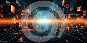 Abstract technology background, panorama of dark futuristic digital space. Perspective view of cyberspace texture and light.