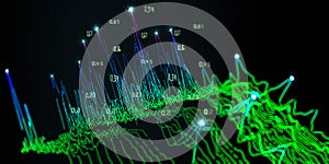 Abstract technology background with polygonal color lines diagram and data  on dark. Analytics data algorithms. Computing concept