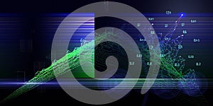 Abstract technology background with polygonal diagram grid and blurred lines on dark. Analytics data algorithms. Computing concept