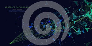 Abstract technology background with polygonal grid analyze. Analytics algorithms data. Quantum computing concept.  Banner for