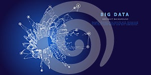 Abstract technology background with polygonal  grid analyze on blue.  Analytics algorithms data. Big data. Quantum cryptography