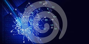 Abstract technology background with polygonal grid analyze and code. Analytics algorithms data. Quantum  computing concept. Big