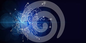 Abstract technology background with polygonal grid analyze and spot. Analytics algorithms data. Quantum  computing concept. Banner
