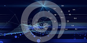 Abstract technology background with polygonal noisy grid and data on blue. Analytics data algorithms. Quantum concept. Banner for