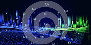 Abstract technology background with polygonal  technology grid, data and blurred lines on dark. Analytics data algorithms.