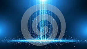 Abstract technology background representing digital data stream or particle flow in blue light effect