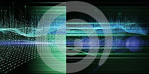 Abstract technology background with wavy technology grid and blurred lines. Analytics algorithms. Quantum concept. Banner for