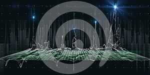 Abstract technology background with wireframe grid on dark. Visual presentation of analysis research algorithms. Computing concept