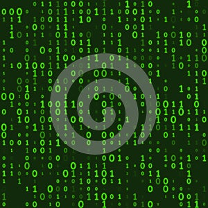 Abstract technology binary code background. Green chaos of zeros and ones, some missed bits. Unstable digital binary data and