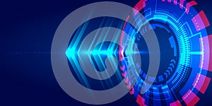 Abstract technology blue HUD circle, light beam and arrow pattern perspective on dark background Hi-tech communication concept