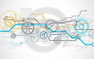 Abstract technology cogwheel concept. Circuit board, high computer color background. Vector illustration with space for content,